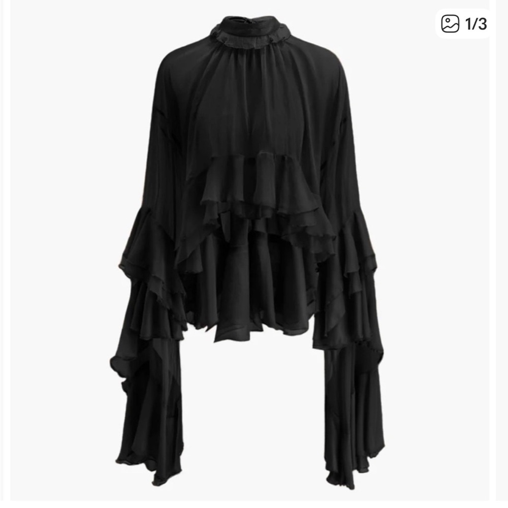 Commense Elegant Black Ruffle Chiffon Blouse
